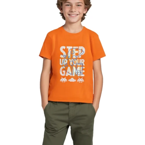 Boys T shirt Cotton Scarlet Ibis Orange Step Your Game